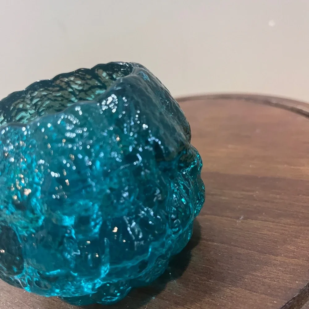 Vtg LE Smith Snowball Votive Teal Blue Textured Glass MCM Candle Holder 3